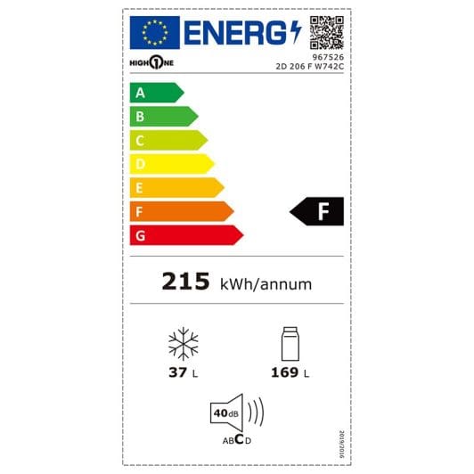 Réfrigérateur 2 portes HIGH ONE 2D 206 F W742C