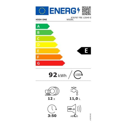 Lave-vaisselle tout intégrable HIGH ONE FBI 12S49 E W929C