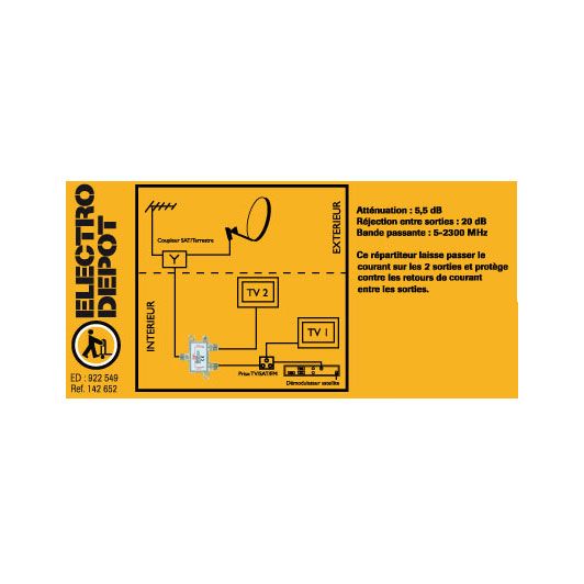 Répartiteur antenne TV intérieur satellite / terrestre 2 sorties 