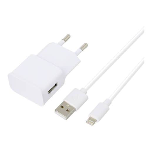 chargeur secteur high one 2.4AA BLANC + CABLE LIGHTNING 1M