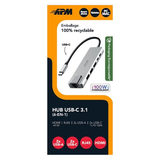 HUB APM USB-C vers USB-A, USB-C, HDMI 4K, RJ45