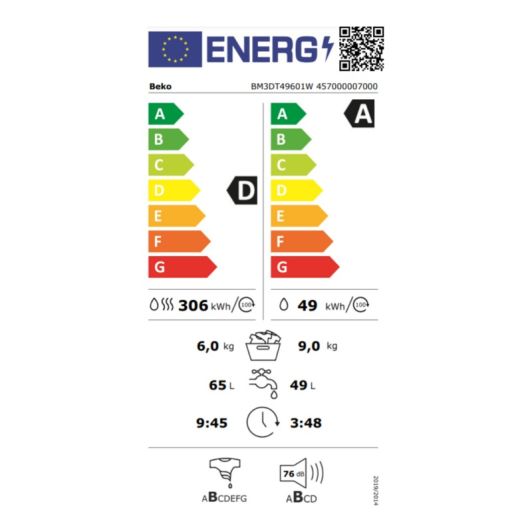 Lave-linge séchant 9 kg / 6 kg BEKO BM3DT49601W
