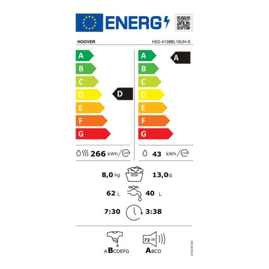 Lave-linge séchant 13kg / 8kg HOOVER H5D 4138BL10UH-S