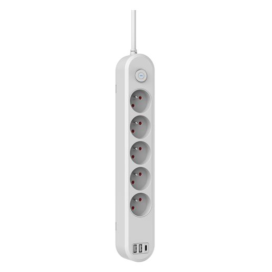 Multiprise LINK2HOME 5 prises + 2 USB-A + 1 USB-C avec interrupteur Blanche - Cable 1.5m
