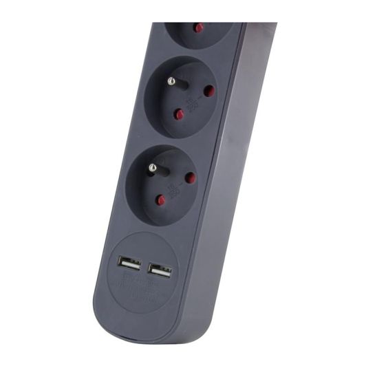 Multiprise CHACON 5 prises + 2 USB-A avec interrupteur Noire - Cable 1.5m