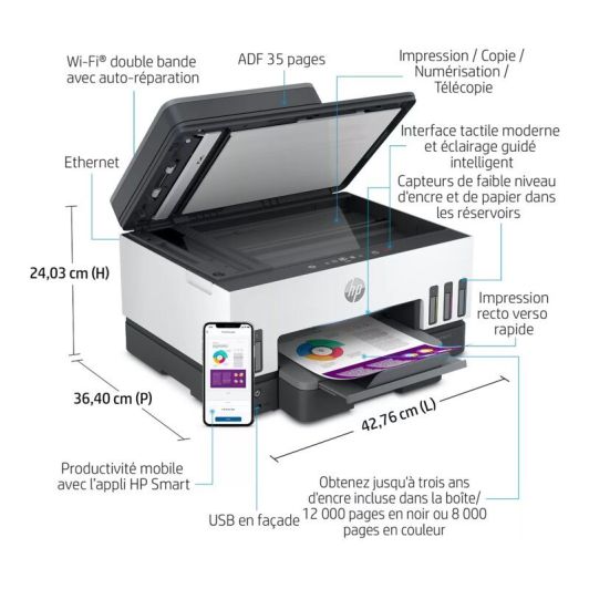 Imprimante HP Smart Tank 7606 multifonction + fax à réservoir