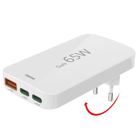 Chargeur secteur PC PORTABLE/SMARTPHONE 65W HAMA - 2 USB-C + 1 USB-A - mini-chargeur plat - charge rapide